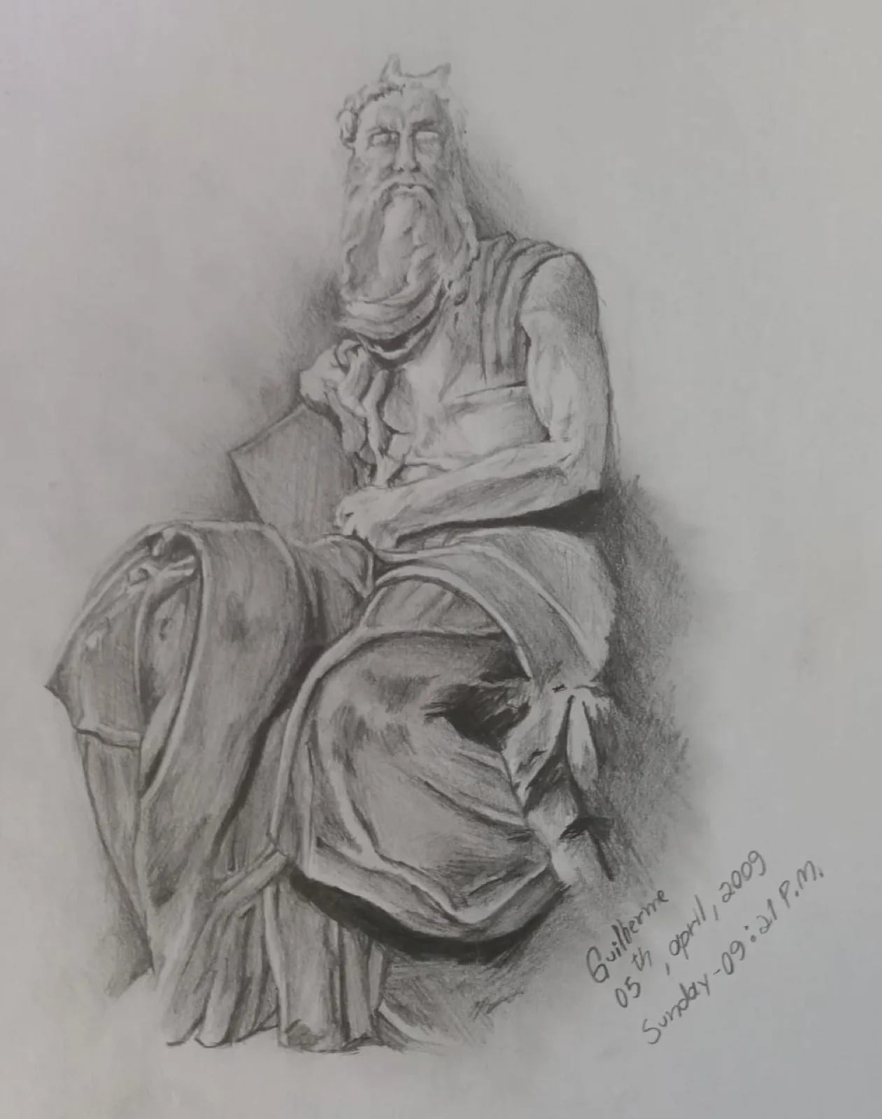 Study of Michelangelo's Moses, graphite drawing, April 5, 2009